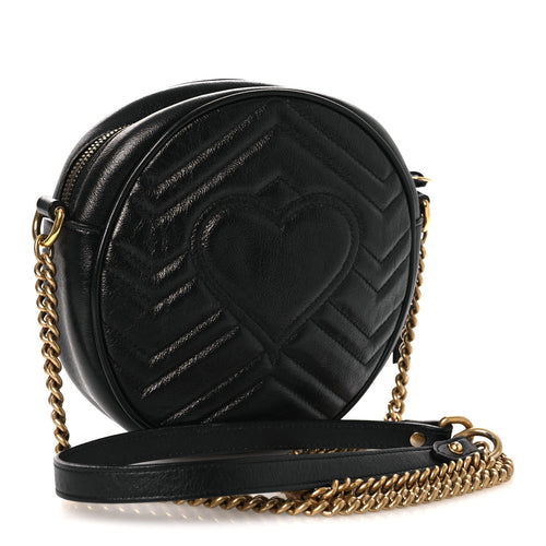 Azalea Calfskin Matelasse Heart Mini GG Marmont Round Shoulder Bag Black