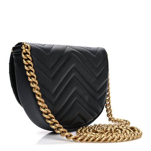 Calfskin Matelasse Mini GG Marmont Chain Half Moon Crossbody Bag Black