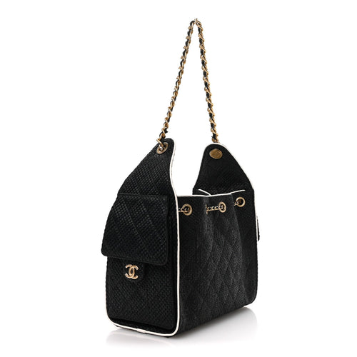 Braided Raffia Calfskin Small Chanel 25 Handbag Black White