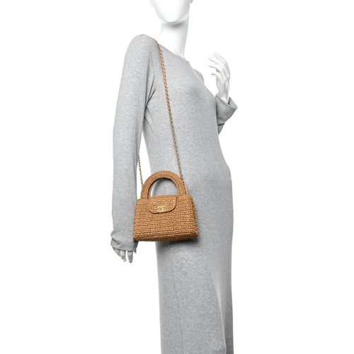 Braided Raffia Nano Kelly Flap Bag Dark Beige