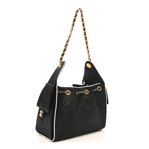 Braided Raffia Calfskin Quilted Small Chanel 25 Handbag Black White