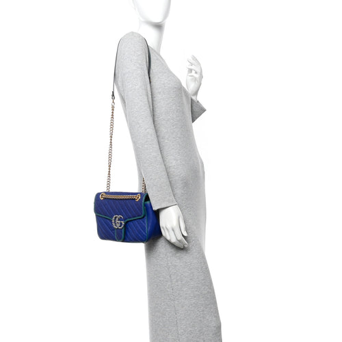 Azalea Calfskin Enamel Matelasse Diagonal Small Torchon GG Marmont Shoulder Bag Imperial Blue Pavone