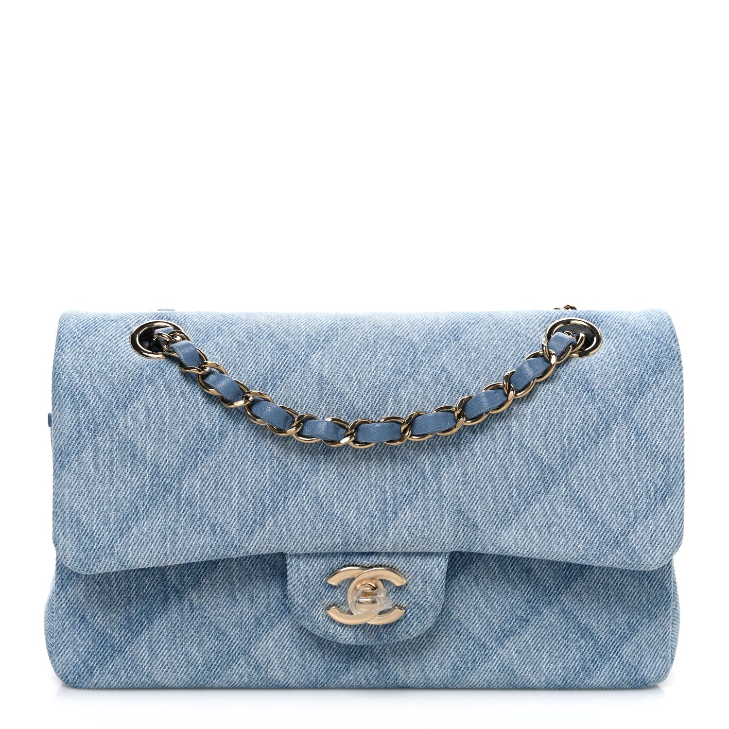 Printed Denim Quilted Small Double Flap Light Blue