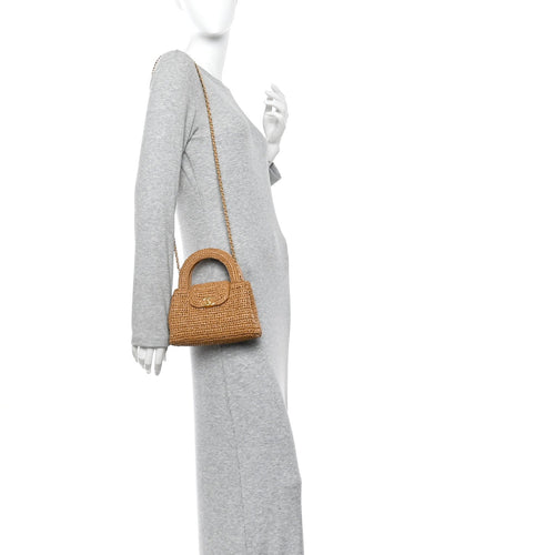 Braided Raffia Nano Kelly Flap Bag Dark Beige